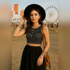 Milano Formals Black Beaded Crystal Crop Top – Size 8 – Open Back